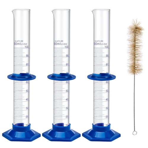 3 Pack 100 ml Graduated Cylinder, Clear Measuring Cylinder Set, Borosilicate 3.3 Glass with Plastic Base and Cylinder Brush, for Liquid Lab Shool