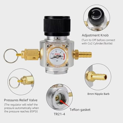 Upgrade Co2 Regulator Mini Co2 Charger for Soda Water Gas Cylinder Tr21*4 0-90PSI Homebrew Kegging Fast Carbonation(B Relief valve)