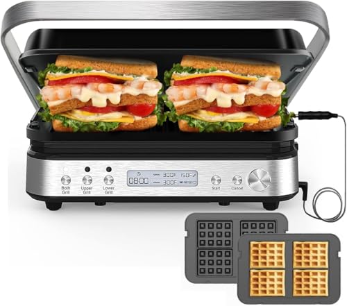 CATTLEMAN Panini Press Grill Sandwich Maker with Removable Plates, 1600W, 6 in 1 Indoor Grill with Meat Thermometer, Electric Contact Grills for Kitchen, Stainless Steel - color: Silver with Waffle Plates