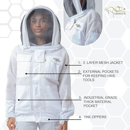 Beekeeping Ventilated Jacket 3 Layers Mesh for Beekeepers, Bee Suit Jacket with 2 Hoods Fencing & Round Brim Hat (Large) - size: Large