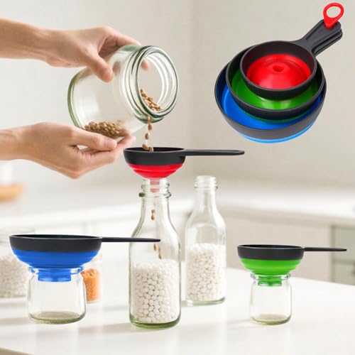 Kitchen Silicone Collapsible Funnel Set, Large, Medium, Small Multicolored Food Grade Funnels (3 Pcs Blue, Green, Red)