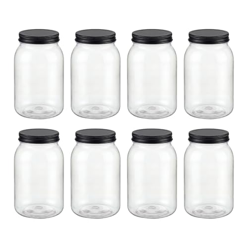 novelinks 32 oz Clear Plastic Jars with Lids and Plastic Mason Jars 32 oz | 8 Pack, Black, Plastic Quart Containers with Lids, Quart Mason Jars Bulk, Large Jars, Mason Jars for Centerpieces - color: Black 8Pack