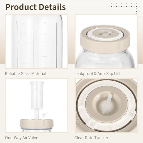 Fermentation Jar, 2 Pcs Glass Fermenting jar with Date Tracker & One-Way Air Valve, Square Space-Saving Design for Kimchi, Sauerkraut & Kitchen Storage, 9.4 x 4.7 x 4.7 in, 64 fl oz