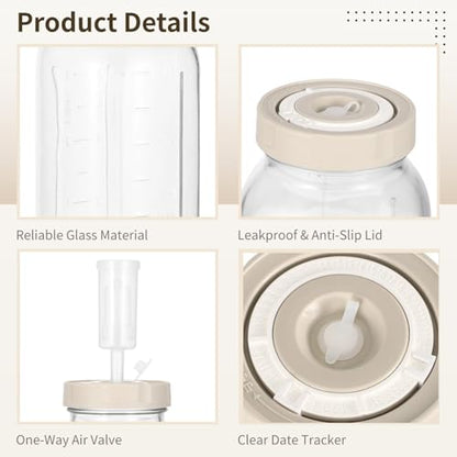 Fermentation Jar, 2 Pcs Glass Fermenting jar with Date Tracker & One-Way Air Valve, Square Space-Saving Design for Kimchi, Sauerkraut & Kitchen Storage, 9.4 x 4.7 x 4.7 in, 64 fl oz