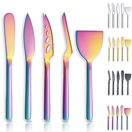 Berglander Rainbow Cheese Knife Set of 5 for All Types of Cheese, Colorful Titanium Plating Cheese Cutter Slicer Ergonomic Design for Confortable Grip and Cut, Butter Spreader Knife - color: 3. Rainbow