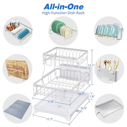 Godboat 2-Tier Dish Drying Rack - Dish Rack with Auto Drain-to-Sink & Mat | Dish Racks for Kitchen Counter, Dish Drainer with Knife Fork & Cup Rack, Gifts for Women, Mothers Day, Kitchen Gadgets, White - size: X-Large (2-Tier/White)
