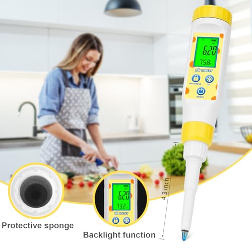 Digital pH Meter for Food Fermentation and Canning, Smart Food pH Tester with High Accuracy Spear Probe for Sourdough, Salsa and Hot Sauces, pH Test Pen with ATC for Solid and Liquid