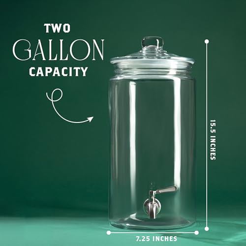 2 Gallon Glass Drink Dispenser with Spout for Parties - Tall Airtight Mason Style Beverage Serveware Stand with Metal Spigot for Kombucha, Water, Juice, Punch, Cocktails, Ice Tea & Sun Tea - size: 2 Gallon