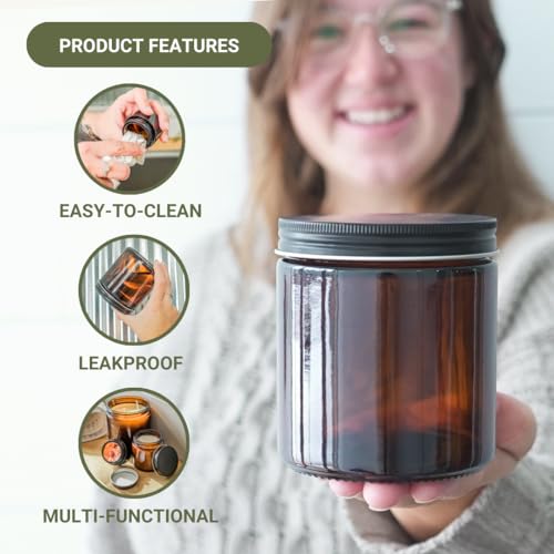 Glass Amber 16oz Jar - 12 Packs, Lead-Free Empty Round Jars For Beauty Products, Lotion, and Powders - Black Lid - Small Candle Jars - size: 16oz