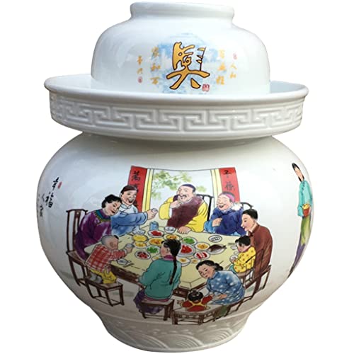 Fermentation Crock Jar Household Water Seal Double Cover Pickle Jar, Chinese Style Character Decoration Storage Jar, Large Capacity Jingdezhen Ceramics Kimchi Jar - color: White a