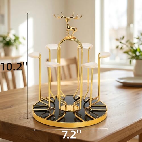 Pumtus Metal Glass Drying Rack, Rotating 6 Bottles Dryer Stand, Drinking Mug Holder with Soft Rubber Hook, Non-Slip Water Tumbler Draining Tree, Reusable Mason Jar Organizer for Kitchen, Countertop