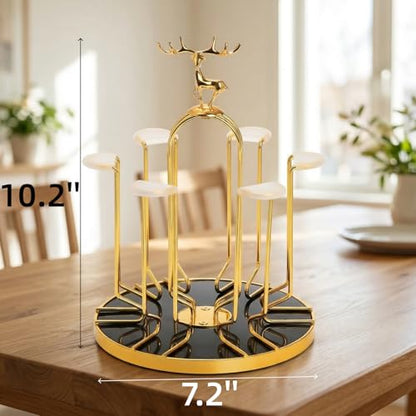 Pumtus Metal Glass Drying Rack, Rotating 6 Bottles Dryer Stand, Drinking Mug Holder with Soft Rubber Hook, Non-Slip Water Tumbler Draining Tree, Reusable Mason Jar Organizer for Kitchen, Countertop