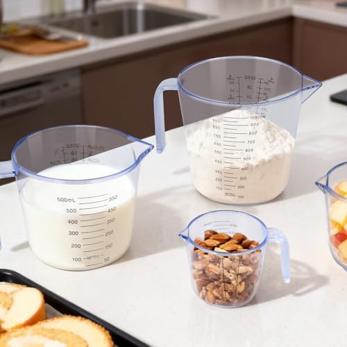 4Pcs Measuring Cups Sets,4 Sizes 150/300/600/1000ML,Liquid Measuring Cups For Kitchen BPA Free Plastic with Nozzle Handle Multiple Measurement Scales Thick (White)