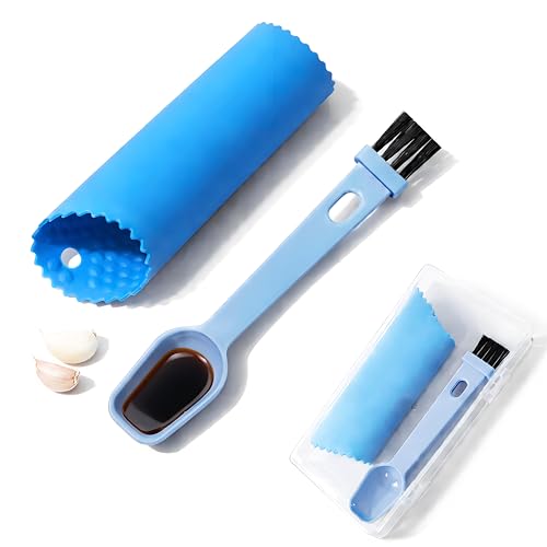 Silicone Garlic Peeler Tube Roller with Brush, 2-in-1 Kitchen Gadget Set, Measuring Spoon with Cleaning Brush (5ml & 3ml) and Silicone Garlic Peeler, Easy-Clean Kitchen Utensils with Hanging Loops - color: Peeler+ Spoon