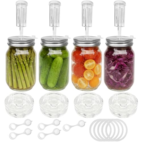 Fermenting weights wide mouth Mason Jar Fermentation Kit with 4 Fermentation Lids, 4 Glass fermentation Weights, 4 Airlocks for Fermenting, 5 Silicone Rings & Grommets - Pickling kit（No Jars） - size: Universal standard size
