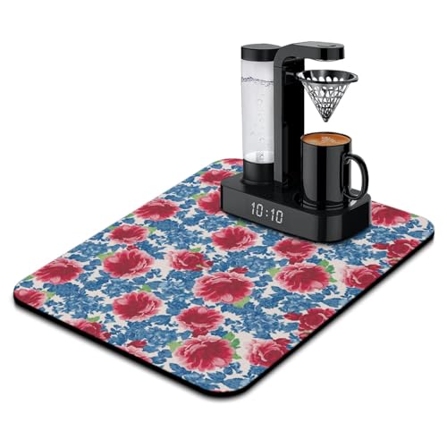 Washable Non-Slip Pioneer Flower Dish Drying Mats,Super Absorbent Quick Drying Mat For Kitchen Counter Home Large Coffee Bar Pad Accessories And Decor 18''x24'' (Blue Red Flower, 18*24) - color: Blue Red Flower, size: 24" x 24"