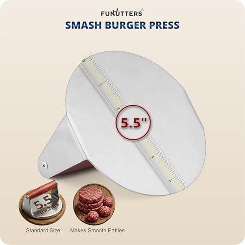 FUNUTTERS 5.5'' Smash Burger Press Patty Maker, Hamburger Smasher Tool, Heavy-Duty Stainless Steel, BBQ Grill and Flattop Griddle Accessory - Commercial Grade - size: 5.5'' with Beechwood Handle
