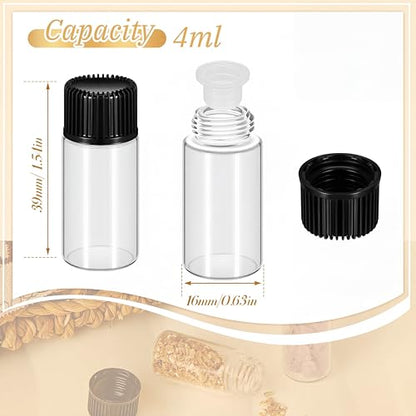 Lallisa 100 Pcs 4 ml Glass Vials with Black Screw Caps and Plastic Stoppers, 1 Dram Clear Small Leakproof Bottles Bulk, Mini Liquid Sample Vials for Essential Oils, Sample, DIY Craft - color: Clear with Black Cap, size: 4 ml