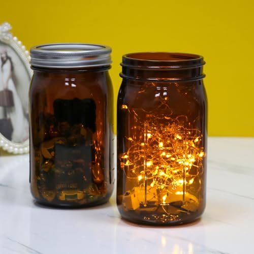 946.4ml(32온스) 앰버 와이드 마우스 메이슨 병 6팩, 측정 마크 포함 | 밀폐 뚜껑이 있는 유리 쿼트 통조림 병, 산세, 발효, 선티, 밀프렙, 향신료, DIY 공예용 보관 - color: 앰버-946.4ml(32온스) 6팩