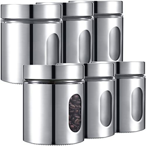 Mimorou 6 Pack Kitchen Canisters Set Airtight Coffee Sugar Tea Candy Storage Jars with Window Glass Stainless Steel Containers with Lids for Flour Cookies Spices Grains Kitchen Decorations(20 oz) - color: Silver, size: 20 oz