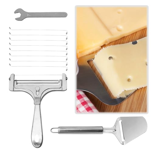 6 Pcs Cheese Slicer Set with Wire Cutter & Spatula, Matte Silver Stainless Steel Cheese Cutter for Block Cheese, Adjustable Handheld Cheese Slicer for Kitchen Butter Sandwich Making (Includes 8 Wires)