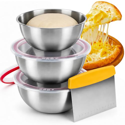 Supkiir 3 Pack Pizza Dough Proofing Containers, 24oz/41oz Stainless Steel Proofing Box with Clear Airtight Lids, Stackable Pizza Dough Bowl Set Includes Cutter for Fermentation of Sourdough & Bread