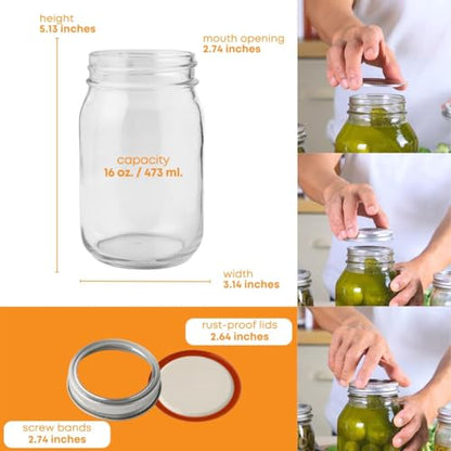 FastRack 16 oz Regular Mason Jars (Pack of 12) with 12 Lids & 1 Black Mason Jar Gripper | Glass Jars with Airtight Lids | Large Mouth Glass Jar for Food Storage, Canning, Fermentation, Pickling - size: 16oz - 12P
