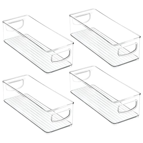 mDesign Plastic Stackable Small Organizing Bin Kitchen Pantry Cabinet, Refrigerator, Freezer Food Organization Storage Bins with Handles, Drawer Container Organizer, Ligne Collection, 4 Pack - Clear - size: 10 x 4 x 3