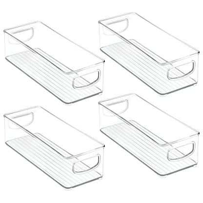 mDesign Plastic Stackable Small Organizing Bin Kitchen Pantry Cabinet, Refrigerator, Freezer Food Organization Storage Bins with Handles, Drawer Container Organizer, Ligne Collection, 4 Pack - Clear - size: 10 x 4 x 3