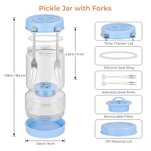 Pickle Jar with Strainer Flip, Pickle Container with Strainer with Two Forks, Airtight Glass Pickle Jar for Fermentation, Olive Jar with Date Tracker Lid, Jalapeno Container with Gas Port (Blue) - color: Blue