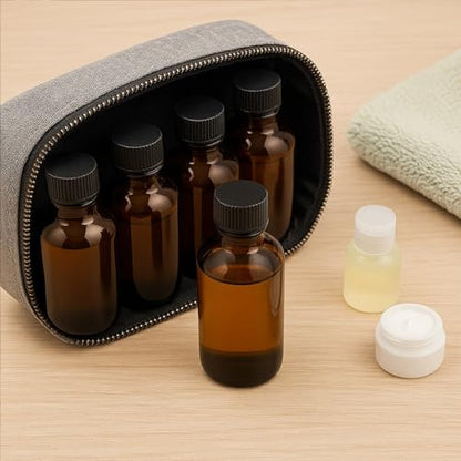 6Packs 60ml Amber Glass Boston Round Bottles with Black Caps Refillable Empty Containers 2Oz Liquid Storage Glass Bottles for Essential Oils, Serums, Perfumes, DIY Skincare, Aromatherapy