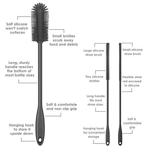 3-in-1 Silicone Bottle Brush and Straw Cleaning Brush Set, Water Bottle Cleaner for Narrow Neck Containers, Tumblers, Flask, Vase and Glassware (Charcoal) - color: Charcoal