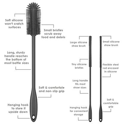 3-in-1 Silicone Bottle Brush and Straw Cleaning Brush Set, Water Bottle Cleaner for Narrow Neck Containers, Tumblers, Flask, Vase and Glassware (Charcoal) - color: Charcoal