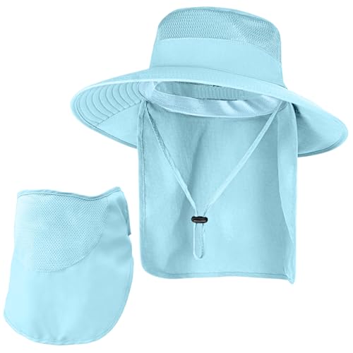 Sun Hats for Men Women Fishing Hat UPF 50+ Breathable Wide Brim Bucket Hats Summer UV Protection Safari Hat with Neck Flap - color: Blue (With Face Cover)