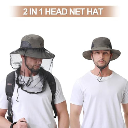 Mosquito Head Net Hat UPF 50+ Sun Protection Bug Hat for Men Women | Sun Visor Style, Perfect for Safari, Hiking, Beekeeping, Camping & Gardening - color: Army Green