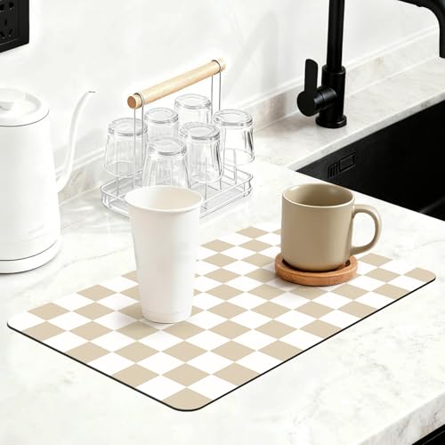12" x 20" Checkered Dish Drying Mat for Kitchen Counter, Absorbent Coffee Bar Mat for Espresso Machine Coffee Countertops Accessories, Beige - color: Beige, size: 12" x 20"