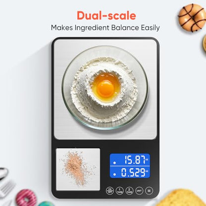 KUAIVO Dual Platform Digital Kitchen Scale, 33lb/15kg & 0.001oz/0.01g Precision, Two Scales in One, Coffee & Food Scale, Dual Display, Stainless Steel, Tare, g/oz/lb/ml