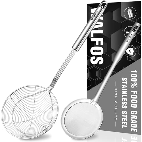 Walfos Spider Strainer, Set of 2-5.5 Inch Stainless Steel Fryer Scoop & 4 inch Fat Skimmer Spoon, Kitchen Spider Skimmer Strainer With Handle, For Cooking Deep Fryer, Pasta, Egg,Fat - size: 2 pcs (5.5" Strainer , 4" Skimmer)