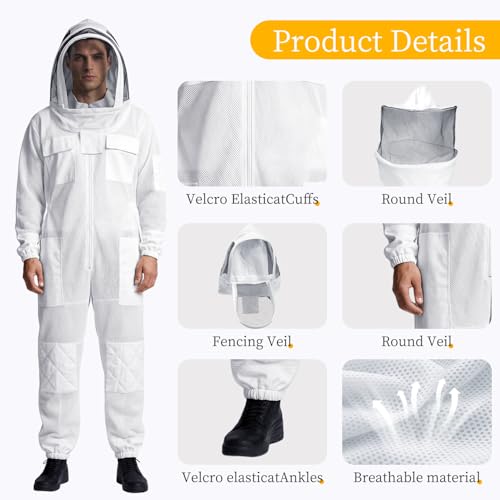 3 Layer Mesh Ventilated Beekeeping Suits Professional Ultra Ventilated Bee suit Premium Beekeeping Suit with Two Detachable Beekeeping Veils for Men Women - size: Large