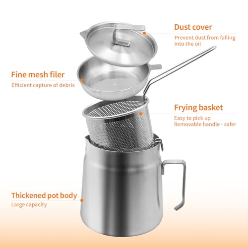 68oz Stainless Steel Oil Filter Pot with Deep Fryer Basket, Stovetop Fryer | Steel Pour Fryer for Fries, Kitchen Large Capacity Versatile Oil Strainer Vessel and Bacon Grease Saver for Cooking Grease