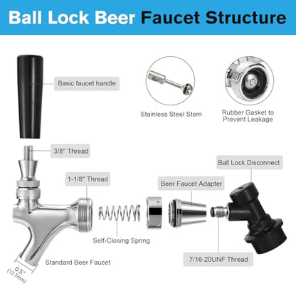 Ball Lock Keg Tap and Mini Co2 Regulator Set, Stainless Steel Self-Closing Ball Lock Beer Faucet & 0-60PSI Mini Beer Keg Charger Regulator Kit with Ball Lock Disconnect for Corny Keg Party