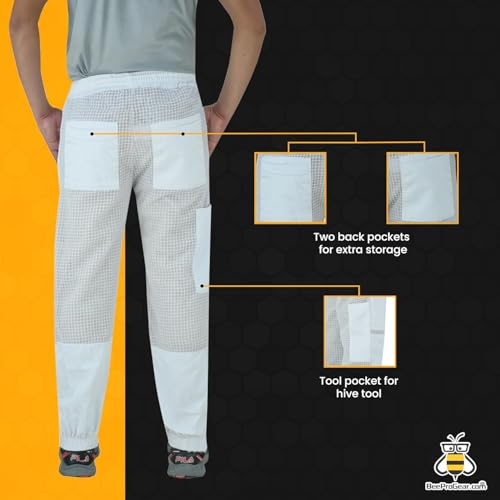 BeeProGear Sting-Proof Beekeeping Pants for Men & Women, Ventilated 3-Layer Mesh Pants with Tool Pockets & Carry Bag - color: White, size: 3X-Large