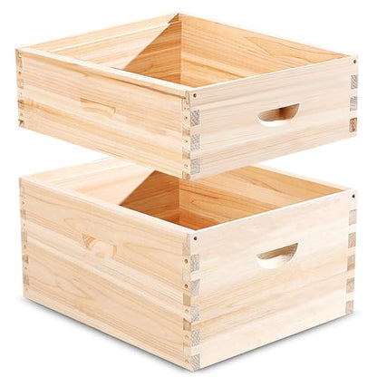 CroBlissful 2 Pcs 10 Frame Bee Hive Box Including Medium Super Beehive Box and Deep Brood Wooden Frames Bee Hives Starter Kit for Beginners Beekeepers (Unassembled)