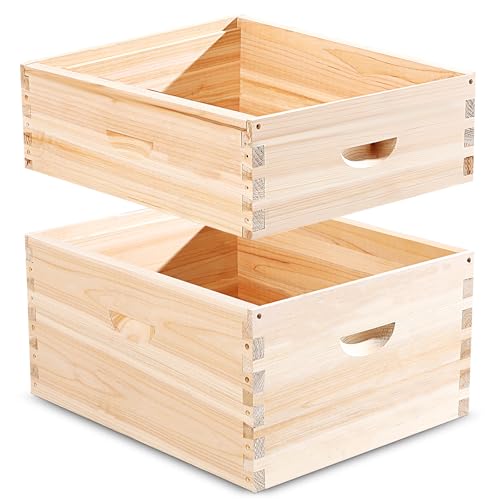 CroBlissful 2 Pcs 10 Frame Bee Hive Box Including Medium Super Beehive Box and Deep Brood Wooden Frames Bee Hives Starter Kit for Beginners Beekeepers (Unassembled)