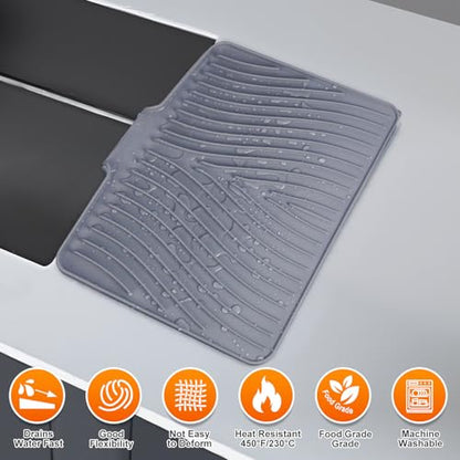 Silicone Dish Drying Mat for Kitchen counter, 15.8"x13" Extra Large Non-Slip Drain Pad with Built-in Drainage, Heat Resistant Dishwasher Safe, Grey - color: Grey-Set, size: 15.8" x 13"