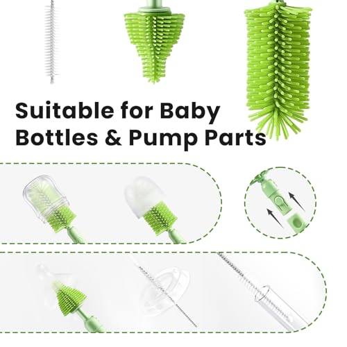 LEQXGO Travel Baby Bottle Cleaner Kit with Storage Case, 7-in-1 Baby Bottle Brush Set with Drying Rack for Breast Pump Parts, Bottle Washing Kit - Baby Travel Essential for Flying & On-the-Go (Green) - color: Green