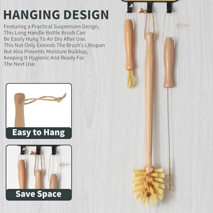 DEBETOOL Natural Bottle Brush Set 3-in-1-13.7 Inch Long Handle Wooden Bottle Brush for Cleaning, Water Bottle Cleaner Brush for Cups & Wide Mouth Jars