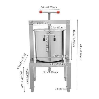 Manual Juicer, Stainless Steel Manual Juicer Beeswax Press with Strainer and T-shaped Handle, Height Adjustable:9.84"-11.81", Hand Juicer Press for Lemon Vegetable Honey Silver Load 448OZ