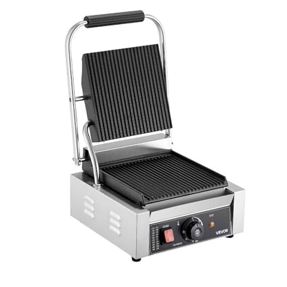 VEVOR Commercial Panini Grill, 1800W Electric Sandwich Panini Maker, Stainless Steel Sandwichs Press Grill with Handle and Temp Control, 8.8x9 in Full Grooved Enamel Plate for Hamburger Steak Bacon