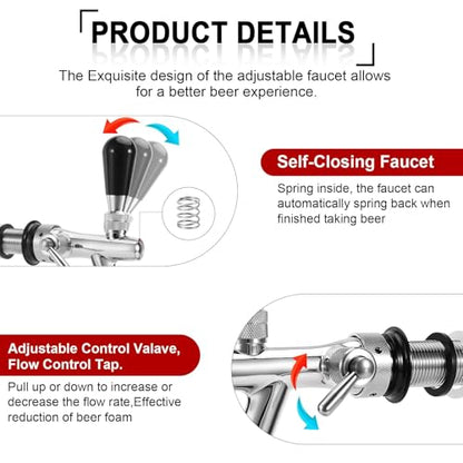 Upgraded Adjustable Beer Faucet, Stainless Steel Core Brass Body Keg Tap Faucet Draft Beer Tap Faucet with Flow Control Adjustable Beer Keg Tap O.D 5/16" Barb Keg Faucet for Home Brewing